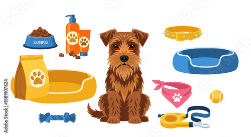 Cute Terrier Dog Sitting with its Pet Care Supplies, Featuring Food, Shampoo, Toys, Collar, Leash, and Bed for Playful Companionship and Responsible Pet Ownership in Animal Welfare.