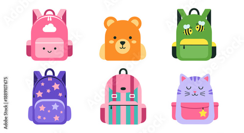 Colorful Backpacks for Kids Illustration Set offers cute animal-themed schoolbags and rucksacks with whimsical star, stripe, cloud, bee, and cat designs, perfect for back-to-school.