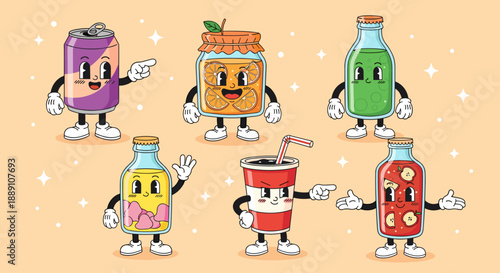 Cartoon Drinks Characters Collection with Retro Vibe: Vintage-inspired fruit juice bottles and soda can mascots, a playful and fun illustration for branding, advertising, or promot.
