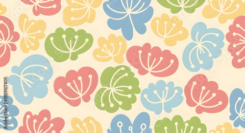a seamless pattern of stylized floral shapes in pastel shades of blue green red and yellow on a cream background