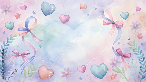 Soft Pastel Watercolor Hearts and Ribbons Romantic Backdrop Gentle Floral Accents Subtle Blending