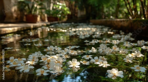 A pond filled with floating white flowers under dappled sunlight, surrounded by greenery