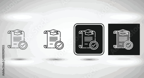 Detailed illustration of graduation diplomas with checkmark symbols in varying line styles and shades