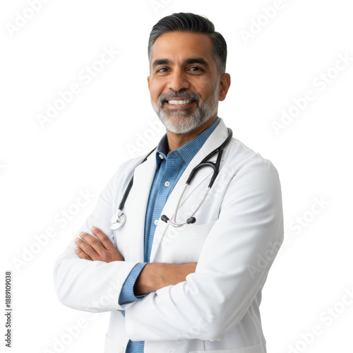 Confident Indian doctor smiling with arms crossed friendly, isolated on a transparent background