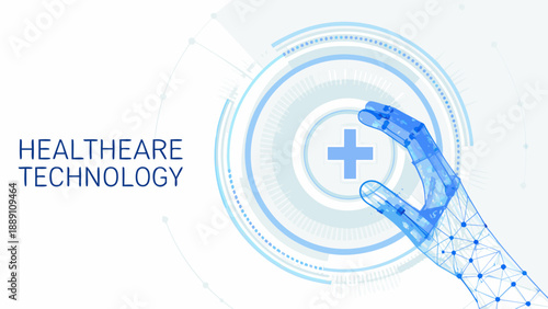Healthcare technology concept with robotic hand interacting with a glowing interface