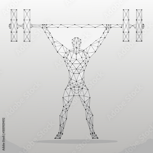 Wireframe illustration of a weightlifter lifting a barbell overhead