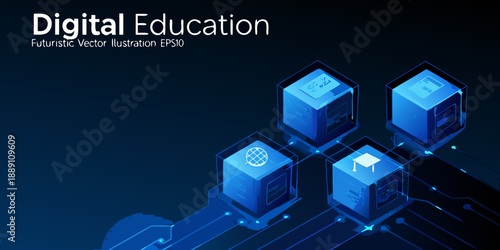 Digital education concept with isometric blue cubes and connecting lines