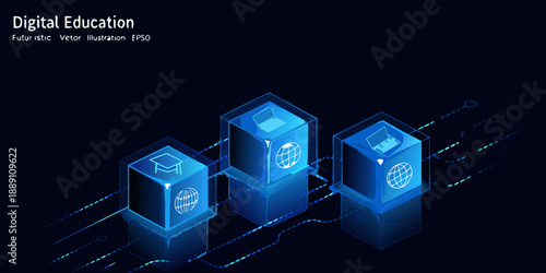 Isometric digital education concept with glowing blue cubes and connections
