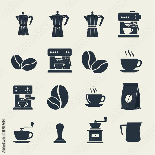 Coffee shop vector icon set: espresso machine, moka pot, beans, cup, grinder, tamper, milk jug, isolated on white