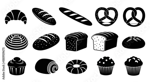 Black and white bakery vector icon set: croissant, baguette, pretzel, loaf, bun, muffin, donut, pastry, isolated on white
