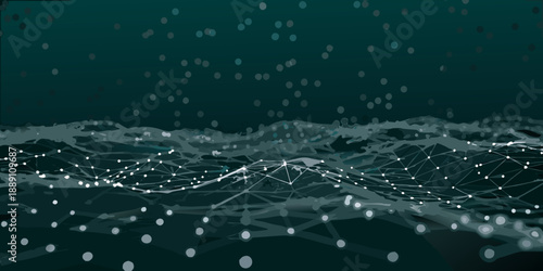 Abstract digital landscape with glowing network connections and dark teal background