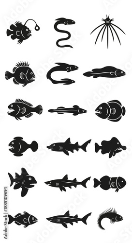 Black vector fish icons set: anglerfish, moray eel, shark, clownfish, piranha, marine life symbols isolated on white