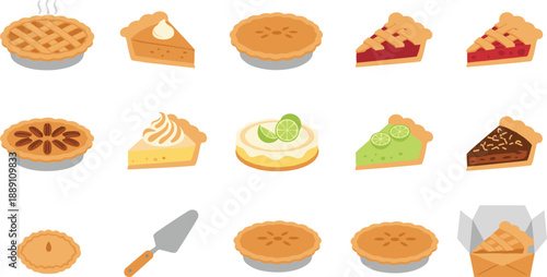 Assorted Pie and Dessert Illustration Set Featuring Fruit, Cream, and Chocolate Slices in Flat Vector Style