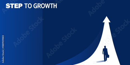 Step to growth a white arrow pointing upwards with a silhouetted person