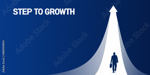 Step to growth concept with a person walking towards a bright upward arrow