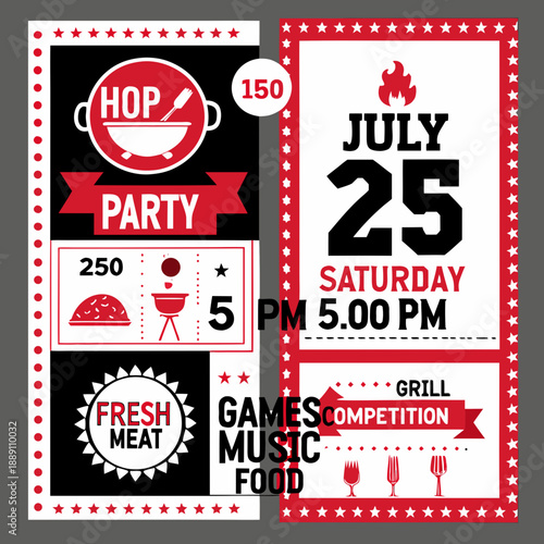 A july 25th party poster with grill games and music details