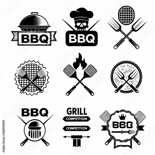 Black and white barbecue and grilling themed icons arranged in a grid