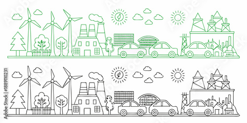 Green energy cityscape illustration with wind turbines solar panels and buildings