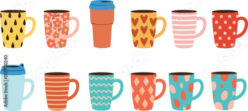 Hand drawn colorful coffee mug and tea cup icons set with patterns, hearts, stripes, and polka dots