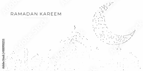 Ramadan kareem greeting with crescent moon and mosque illustration