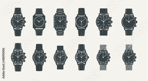 Vector set of twelve different black and white wristwatches with various strap and face designs, isolated on white