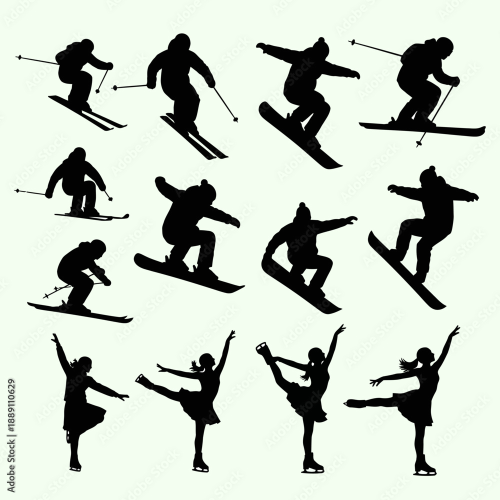 Fototapeta premium Winter sports vector silhouettes: skiing, snowboarding, ice skating figures, isolated on white