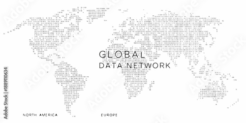 World map composed of dots with global data network text overlay