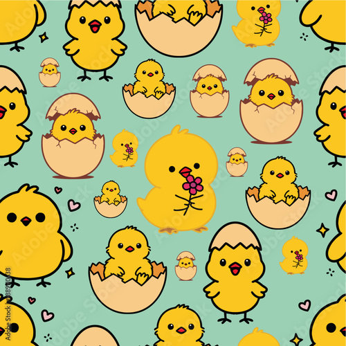 Seamless pattern of cute cartoon yellow baby chicks, some hatching from cracked eggs, with small hearts and flowers on a light teal background for spring and nursery design
