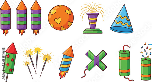 Hand drawn colorful party fireworks and celebration icons set with rockets, sparklers, confetti, and festive decorations