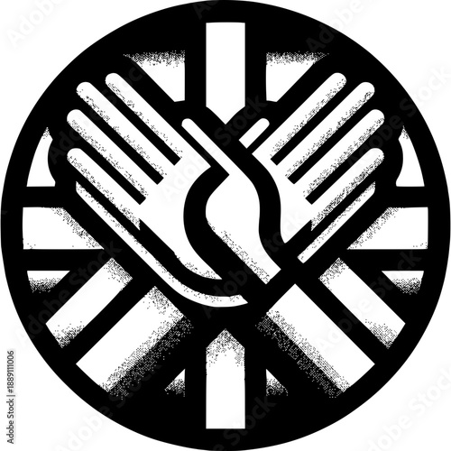 Compassionate Connection: A minimalist symbol of interlocked hands forming a stylized flame, representing unity, support, and empathy in a circular design.