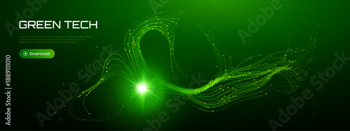 Fiber data ai with wave green bg and tech background black. Dot line optic with abstract flow big and circle esg shape. Technology digital fiber with light futuristic wave and texture vector green.