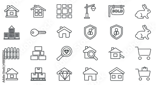 Collection of various black and white outlined icons representing real estate security and shopping concepts