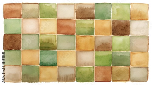 Woven Texture Of Square Watercolor Swatches In Earth Tones And Greens