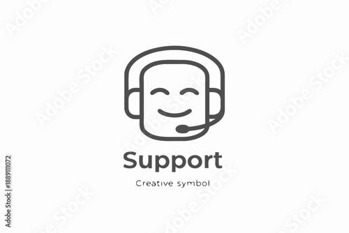 Line art illustration of a smiling face with headphones and microphone