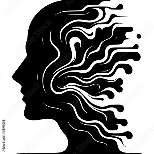 Abstract Mind: An artistic silhouette of a human head, intricately designed with flowing lines to represent thoughts and ideas, set against a solid background. 