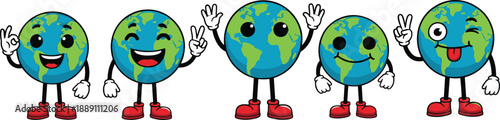 Hand drawn cute earth cartoon character icons set with smiling globe mascots for environment and kids designs
