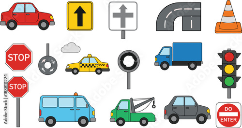 Traffic and Road Safety Illustration Set with Cars, Trucks, Taxi, Traffic Signs, Stop Symbols, Cones, Signals, and Urban Transportation Elements for Driving Designs