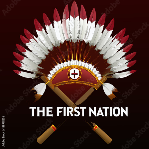 A detailed illustration of a native american war bonnet and crossed tomahawks