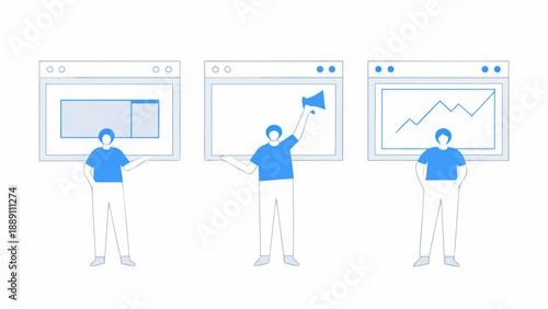 Illustration of a person presenting information across three web browser windows