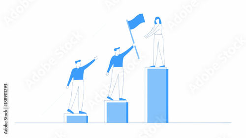 Abstract illustration of people on pedestals waving flags celebrating success