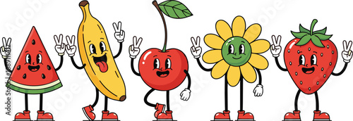 Hand drawn cute fruit cartoon characters set with watermelon, banana, cherry, strawberry, and flower mascots for kids