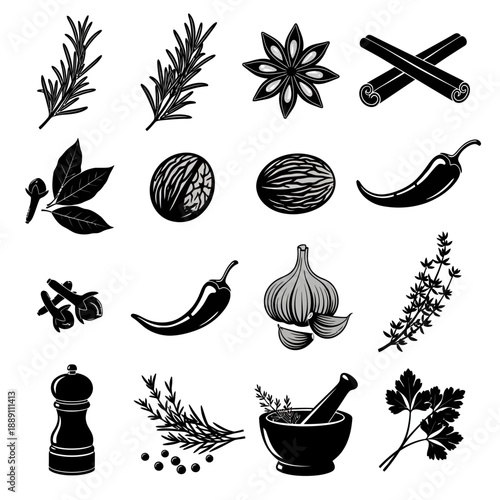 Black and white vector spice and herb icon set: rosemary, star anise, cinnamon, nutmeg, chili, garlic, thyme, parsley, cloves, pepper mill, mortar and pestle, isolated on white