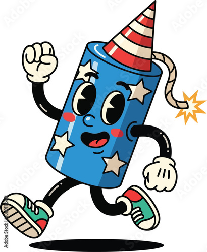 Cute Firecracker Character Running Fourth of July Cartoon Mascot Vector Illustration