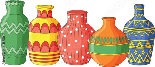 Colorful Decorative Vase Collection Hand Drawn Ceramic Pots with Geometric Patterns Isolated on White