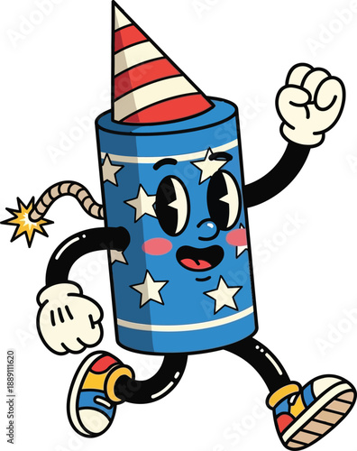 Cute Firecracker Character Running Fourth of July Cartoon Mascot Vector Illustration