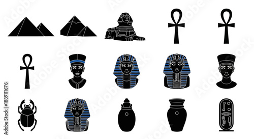 Ancient Egypt black vector icon set: Pyramids, Sphinx, Ankh, Nefertiti, Tutankhamun, Scarab, Canopic Jar, Cartouche isolated on white