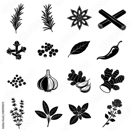 Black and white vector spice and herb icons set: rosemary, star anise, cinnamon, cloves, pepper, bay leaf, chili, garlic, ginger, oregano, basil, sage, isolated on white