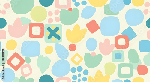 a playful background featuring an array of colorful geometric shapes including circles squares and organic forms in pastel hues