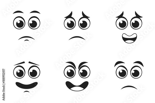 Collection showcases six cartoon eyes with different expressions, conveying various moods in monochrome