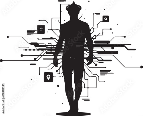 Virtual Reality Human Silhouette with Digital Data Network, Isolated on White